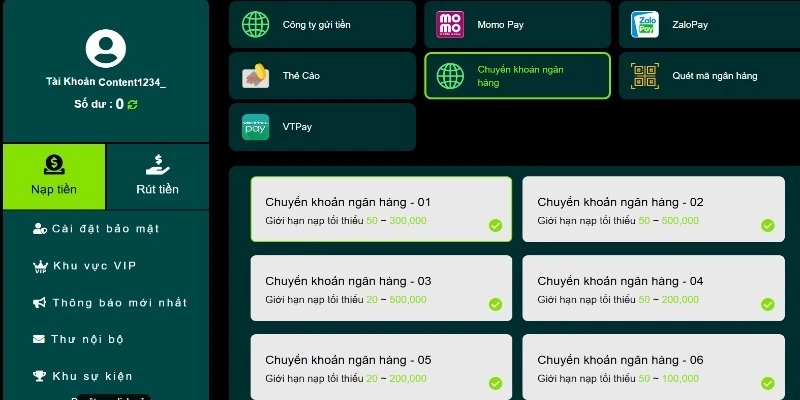 Chọn phương thức nạp tiền phù hợp để có quá trình thực hiện thuận lợi nhất